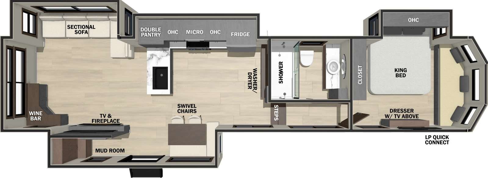 The Cedar Creek Cottage Fifth Wheels 412FWC floorplan has one entry and three slide outs. Exterior features include: fiberglass exterior and Optional awning. Interiors features include: front bedroom and rear living.